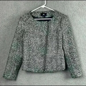 H&M Blazer Womens 12 Black White Ling Sleeve Lined Full Zip Round Neck Jacket
